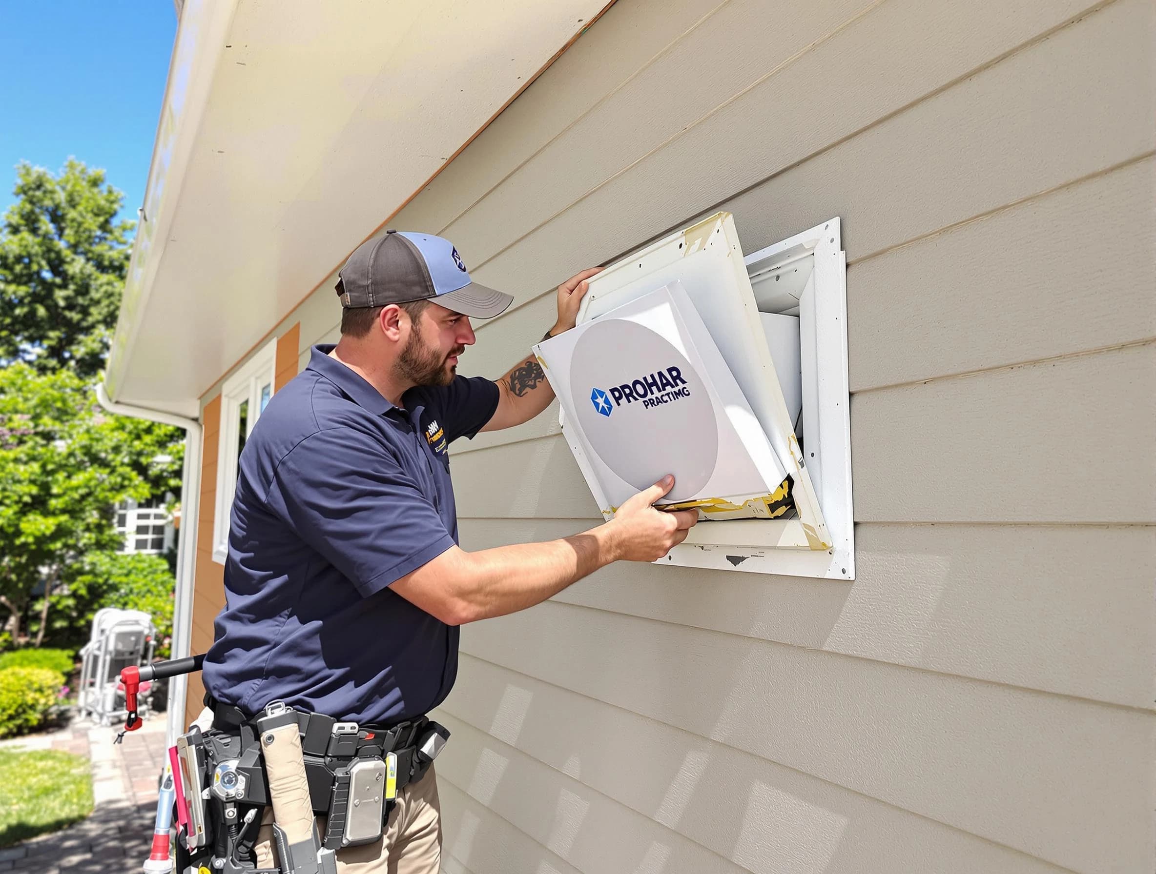 Fairburn Dryer Vent Cleaning technician installing a new protective dryer vent cover on a home in Fairburn