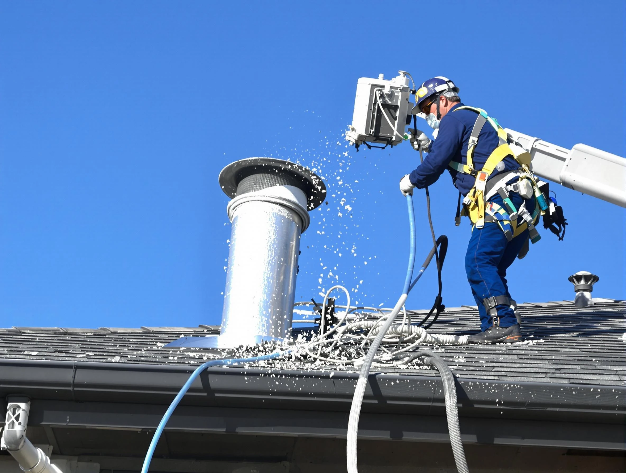 Fairburn Dryer Vent Cleaning certified technician safely cleaning a roof-mounted dryer vent in Fairburn